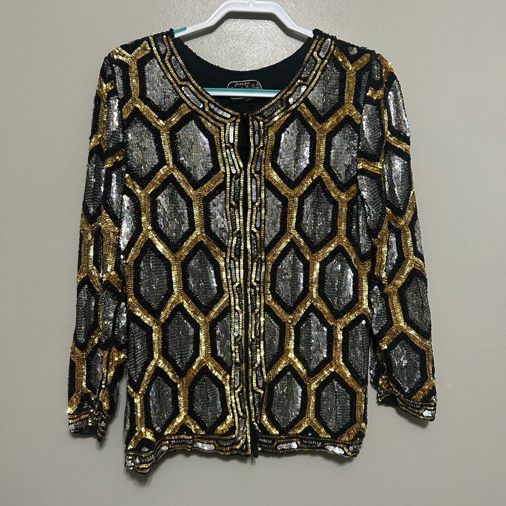 Jean for Joseph Le Bon Beaded Cardigan Womens M/L Gold Silver Black Geometric
